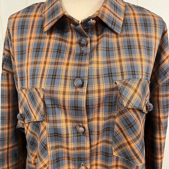 Daisy Street Oversized Orange & Blue Plaid Shirt with Chest Pockets NWT size L - Picture 5 of 11